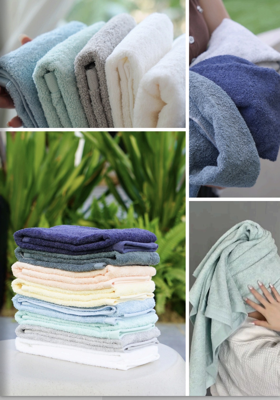Stack of cotton towels in navy, slate, peach, yellow, blue, mint, grey and white